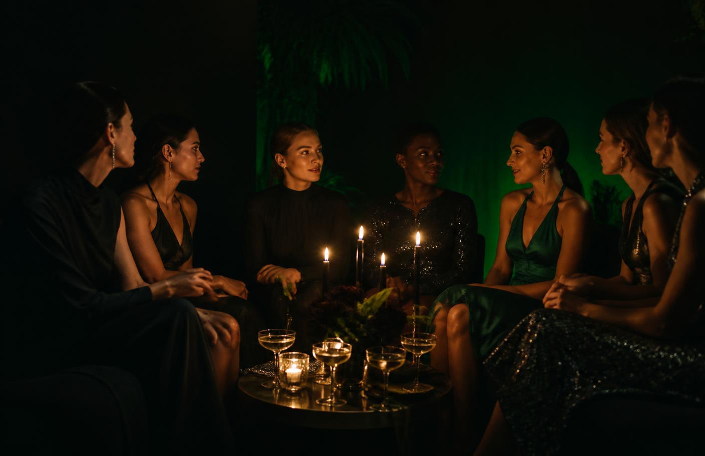 A circle of women seated together in candlelight with an emerald ambient glow