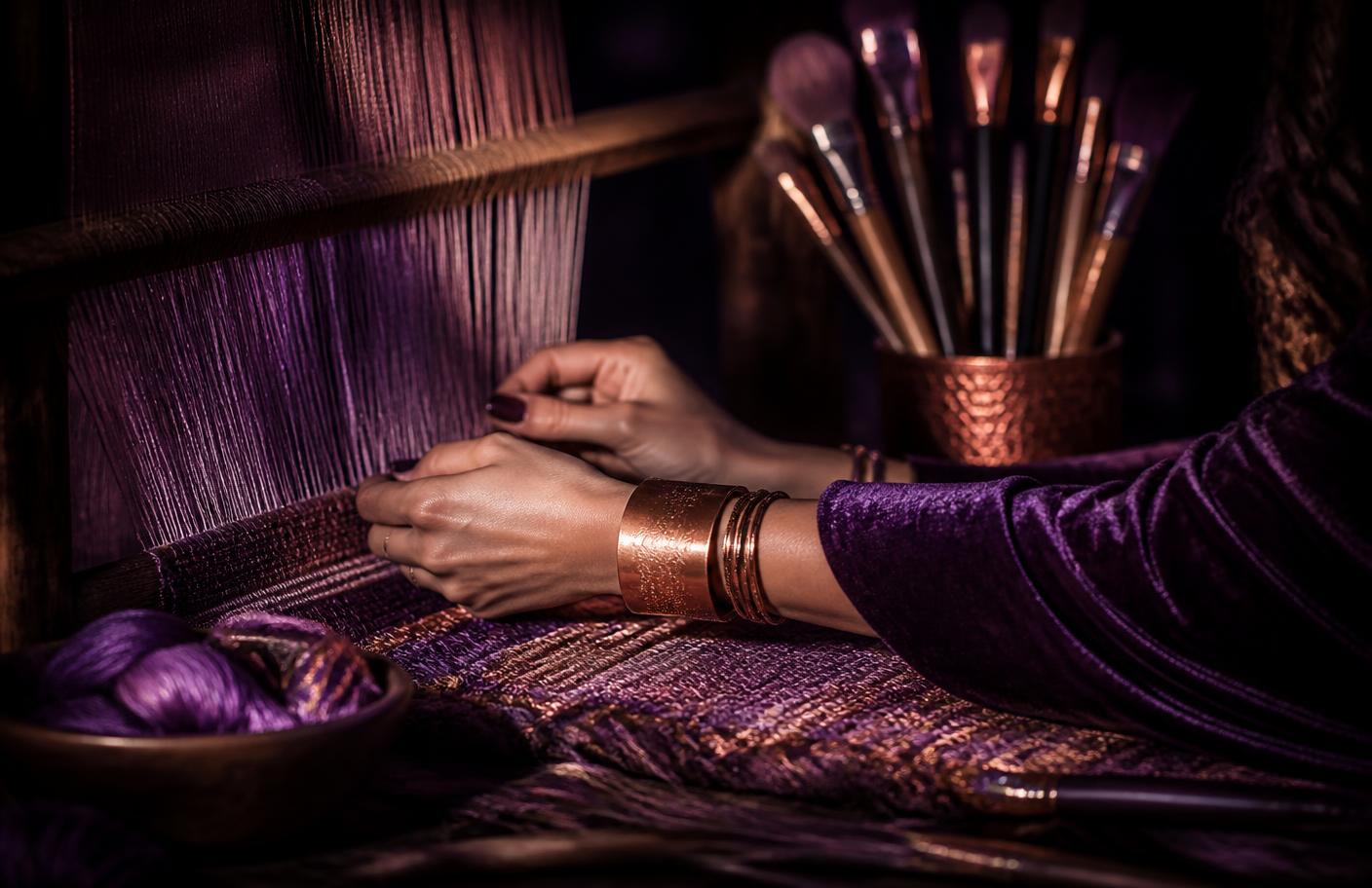 Hands weaving at a loom beside paintbrushes, lit in lavender and rose gold